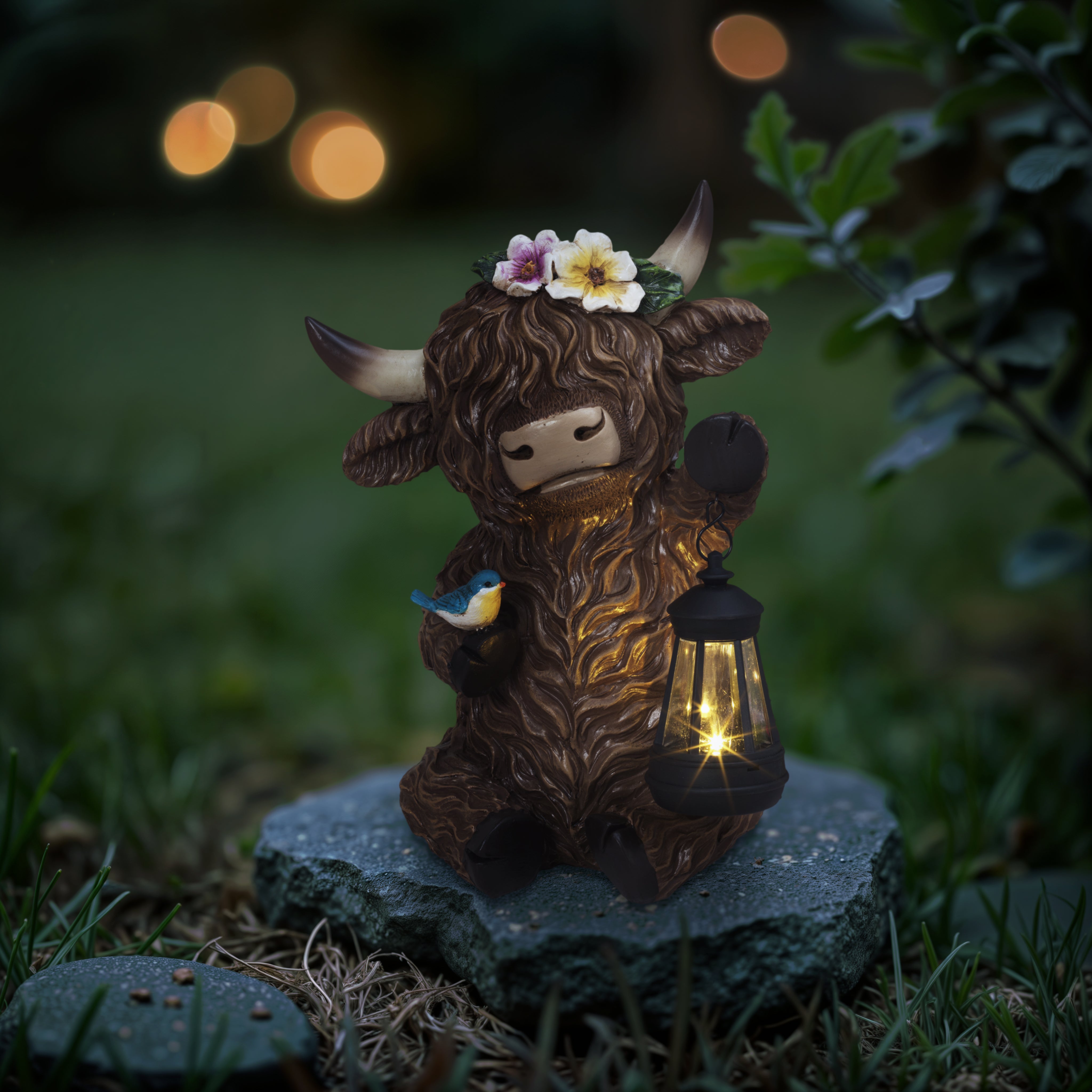 12.4 inch Solar Lighted Resin Highland Cow with Lantern